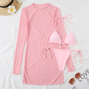 Conjunto de <span class=keywords><strong>bikini</strong></span> de verano para playa con protector solar de malla para cubrir trajes de baño de 3 piezas para mujer - Product Image 3