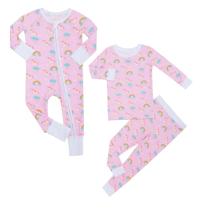 Vente en gros de vêtements pour bébés filles pyjamas convertibles à fermeture à glissière bidirectionnelle en bambou avec impression personnalisée barboteuses pour bébés dormeurs