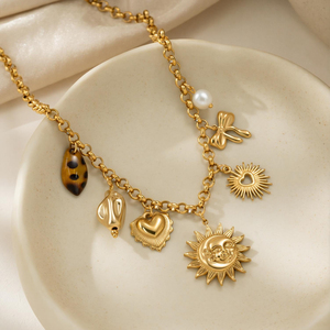 Collier en acier inoxydable plaqué or 18 carats avec pendentif soleil et lune, étanche, inaltérable, motif cœur, nœud et léopard, bijoux pour femme - Product Image 3