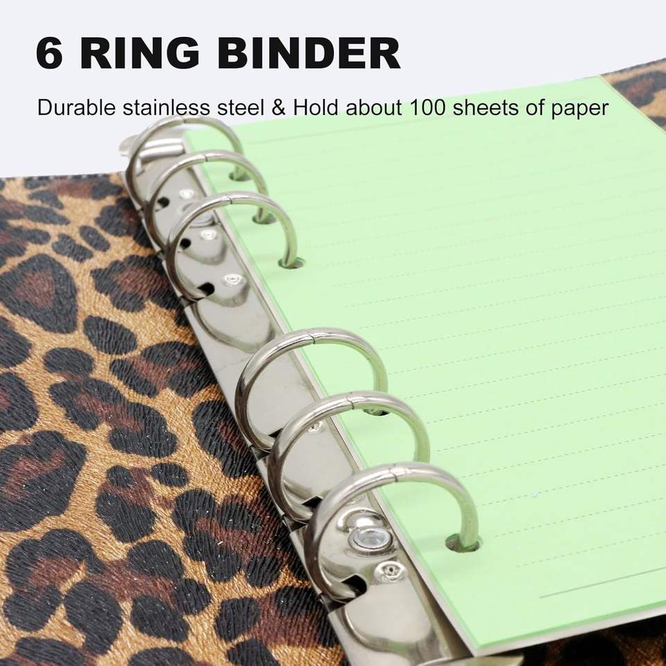 A5 Refillable 6-Ring Faux Leather Binder Leopard Pattern Planner ...