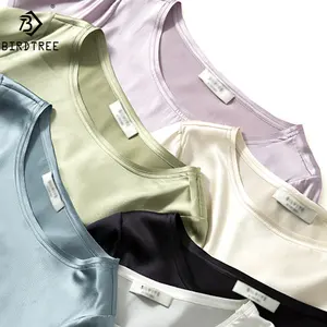 Birdtree 90% Silk 10% Spandex Tshirts For Women Silk Satin Basic Blouses Short Sleeve Summer Tops One Piece Loose Tees T36561QM