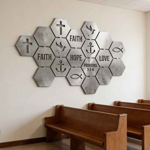Arte Mural Metálico Cristiano Modular, Hexágonos de Acero Reciclado Cortados con Láser, con Versículos Bíblicos y Símbolos Religiosos para Decoración del Hogar - Product Image 1