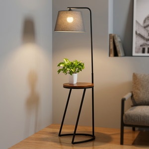 American Vintage Modern Textile Floor <b>Lamp</b> Wooden <b>Shelf</b> Black Fabric Bell Shade Touch Control LED Adjustable Height Dimmable for - Product Image 3