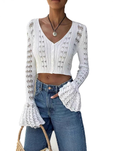 Nuevo Estilo, Cárdigan de Punto Calado para Mujer, Color Sólido, Manga Larga, Cuello en V, Top Corto para Vacaciones, Playa y Uso Diario - Product Image 3