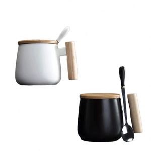 Mug à café en céramique au design moderne 350 ml, tasse à thé courte en porcelaine noire personnalisée avec couvercle en bois – Spécial Mariage de Septembre - Product Image 2