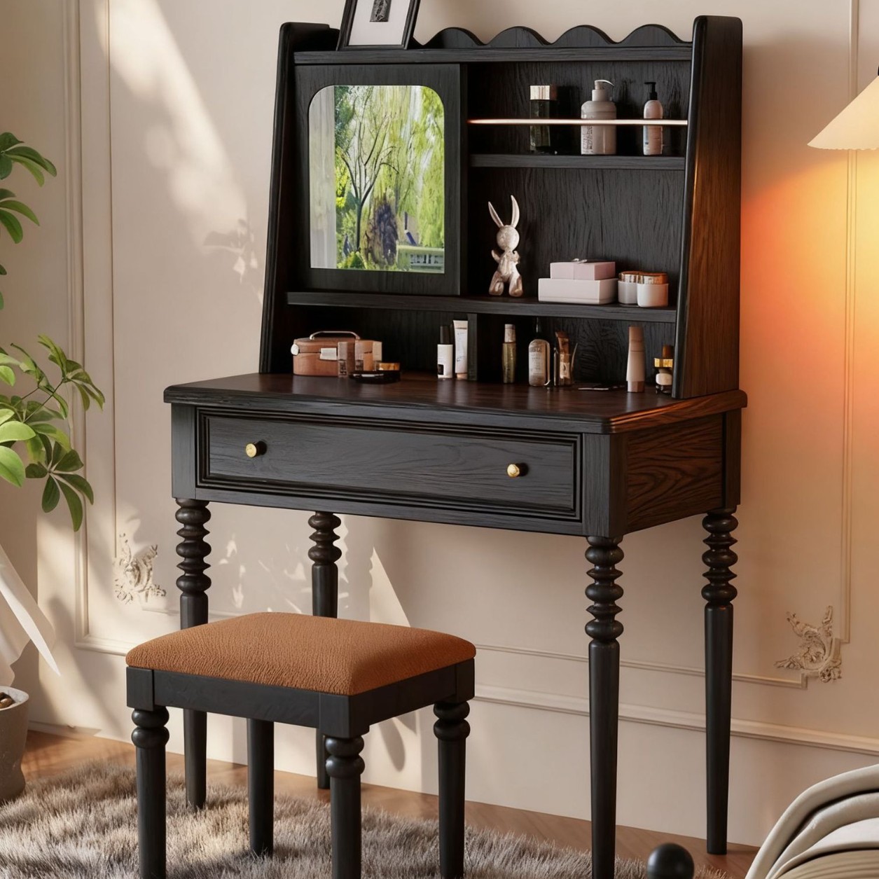 Minimalist Black Dressing Table and Stool