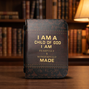 Funda de Biblia de Cuero con Diseño Grabado en Relieve de "Soy un Hijo de Dios" Color Marrón con Patrón Decorativo y Detalles de Costura - Product Image 2
