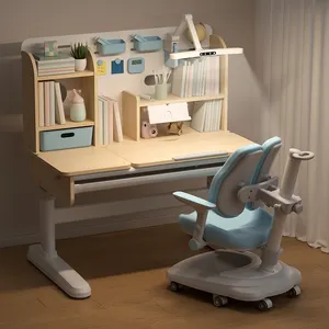 책꽂이가있는 도매 어린이 인체 공학적 학습 테이블 홈 가구 높이 조절 가능한 공부 책상 및 어린이를위한 의자 세트