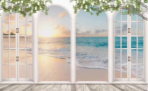 Papel pintado <span class=keywords><strong>de</strong></span> extensión visual 3D <span class=keywords><strong>ventanas</strong></span> mar playa paisaje murales - Product Image 5