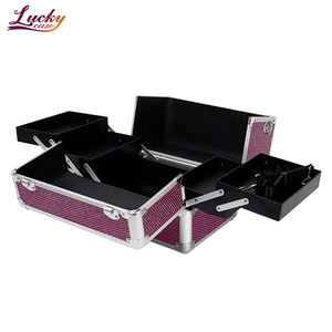 Estuche de maquillaje rojo <span class=keywords><strong>Solferino</strong></span> con 4 bandejas, organizador de maquillaje de PU brillante, estuche de tocador de belleza de aluminio personalizado con cristal - Product Image 5