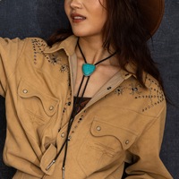 Cravate Bolo Faite à la Main de Forme Ronde Style Western Cowboy avec Pierre Turquoise Naturelle Bleue, Cravate Bolo en Cuir Tressé à la Main pour Hommes