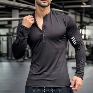 Kaus lengan panjang pria, baju KOMPRESI pria lengan panjang, atasan ritsleting 1/4 perempat, Slim Fit otot ringan, leher corong, Kustom - Product Image 1