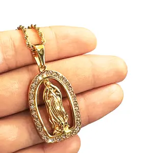 빈티지 성모 마리아 Virgen de Guadalupe 펜던트 로프 체인 종교 다이아몬드 지르콘 메리 초상화 메달 매력 목걸이 쥬얼리