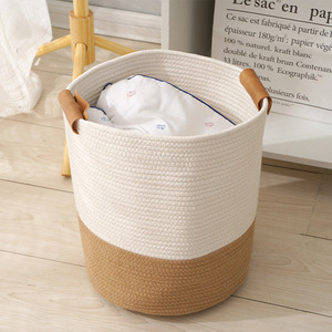 Panier de rangement en corde de coton tressée, panier à linge rond de 34x37cm avec poignée en cuir, organisateur de vêtements - Product Image 5