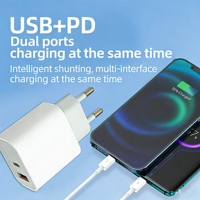 Cargador Rápido de 20W con PD+QC3.0, Adaptador de Pared USB-C/USB-A con Enchufe US/AU/EU para Teléfonos Android y Cámaras 15/14/13 Pro