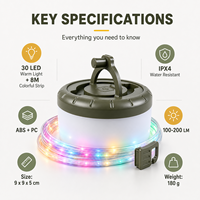 Lanterne de camping LED rechargeable portable 2-en-1, bande lumineuse colorée de 8 m, batterie 1800 mAh, portée du faisceau de 50 à 100 m, lampe d'extérieur