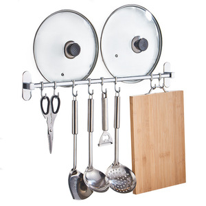 Stainless Steel Chrome Plated Wall Mounted Hanging Rod <b>Storage</b> Rack With Hooks <b>For</b> Kitchen Utensils And Cutting Board - Product Image 5