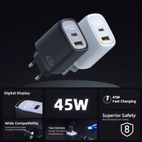 Chargeur mural électrique 45W PD ultra-rapide double port USB-C avec affichage numérique PPS, prise EU, protection multiple pour appareil photo