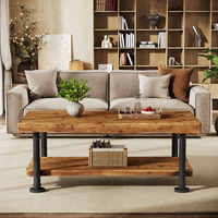 Mesa de Centro Retangular de 47 Polegadas Estilo Fazenda em Madeira Maciça com 2 Níveis, Prateleira com Borda Natural e Pernas de Metal para Sala de Estar