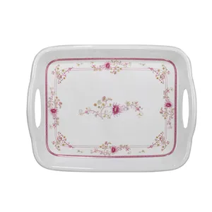 Non-Slip Food Serving Tray Flower Printed Binaural Household Restaurant Melamine Serving Plate