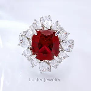 Luster Antique Style 925 Silver Pear Cut Halo Pigeon Red Color Cushion Shape CZ 6ct Lab Created Ruby Big Cocktail Ring