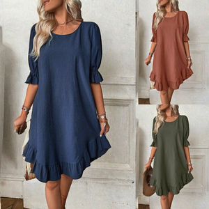 Robes longues décontractées d'été Alxin pour femmes, à manches mi-longues, coupe ample, col rond, taille naturelle, avec volants - Product Image 3
