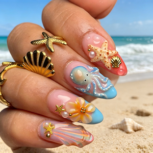 Ongles préfabriqués de haute qualité, très demandés pour l'été, motif dessin animé, French Press, forme amande, nail art 3D sculpté étoile de mer, avec colle - Product Image 1