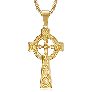 Diseño Popular Círculo <span class=keywords><strong>bendito</strong></span> crucifijo Cruz Celta cruz latina colgante Acero inoxidable chapado en oro collar de la joyería - Product Image 1