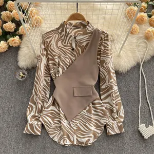 Fashion new Korean version of the long-sleeved top loose thin zebra pattern stitching two-piece shirt women