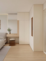 Système de dressing moderne XINGRUO pour chambre à coucher, armoire intégrée crème avec coiffeuse et étagères rétroéclairées par LED pour maison minimaliste