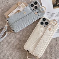 Dompet Kulit Streetwear dengan Slot Kartu dan Casing Ponsel untuk iPhone 15 Pro Max, Aksesoris dengan Tali Lanyard Selempang, Pelindung