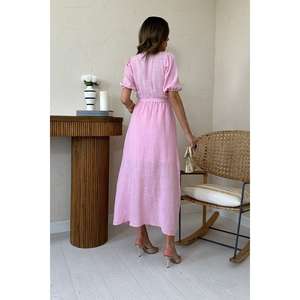 เดรสผ้าลินินสีชมพู คอวี ทรงเอ เอวธรรมชาติ ระบายอากาศได้ดี เหมาะสำหรับใส่ทุกวัน สไตล์ลำลอง ผ้าทอ - Product Image 1