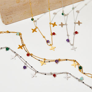 Chaîne de cheville double couche en émail avec pendentif trèfle à quatre feuilles en pierre naturelle colorée en acier inoxydable pour femme - Product Image 3