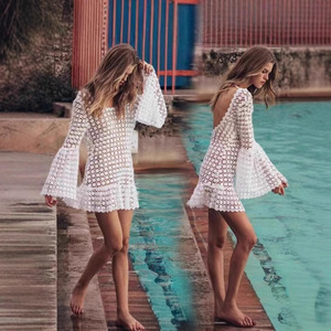 Vestido de Playa Blanco de Ganchillo con Cuello Cuadrado, Cintura Holgada y Manga Larga, Traje de Baño para Vacaciones, Atuendo de Verano para Piscina - Product Image 3