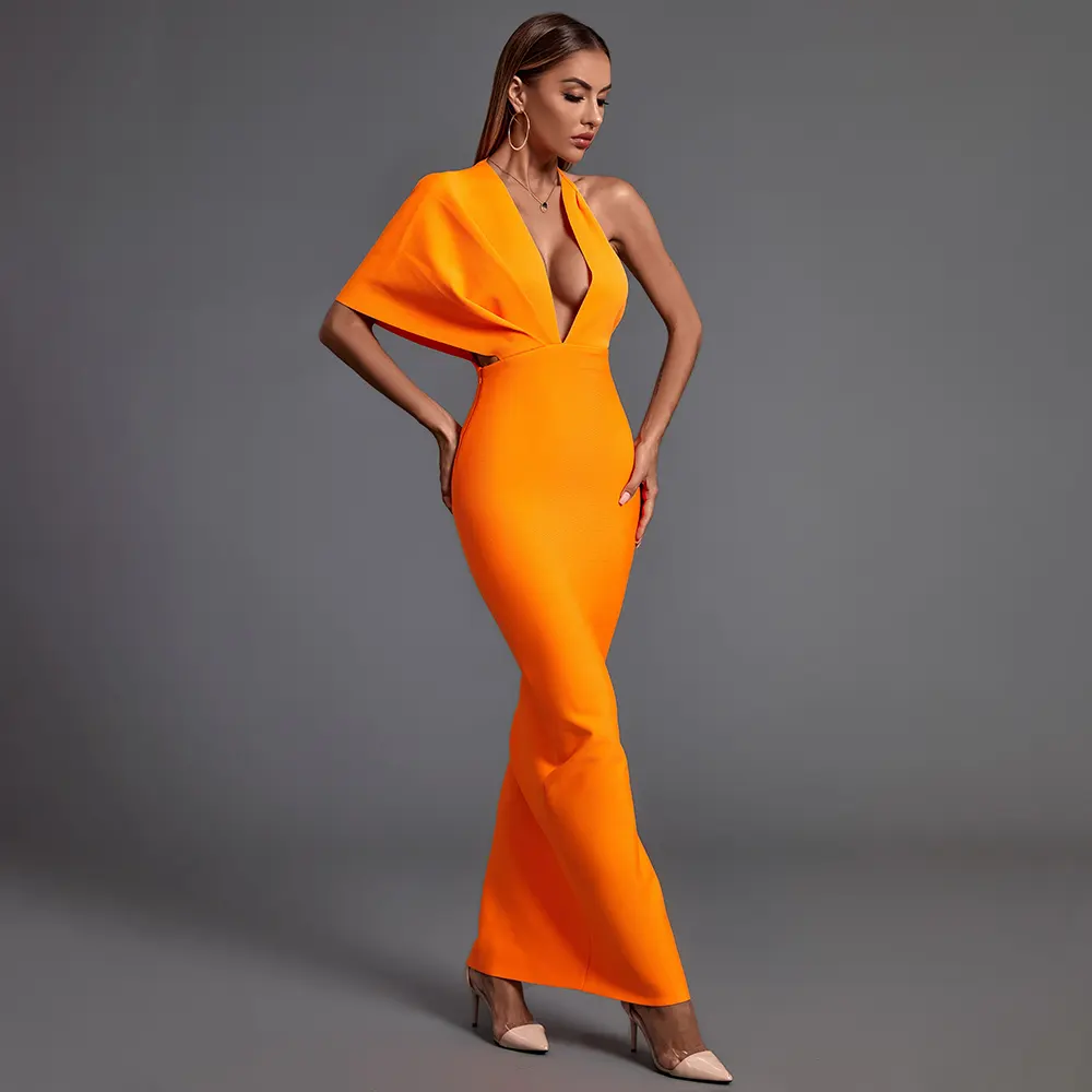 2023 dernière dame élégante asymétrique à manches courtes col en V dos nu robes femmes fête longue soirée Club robe avec Orange