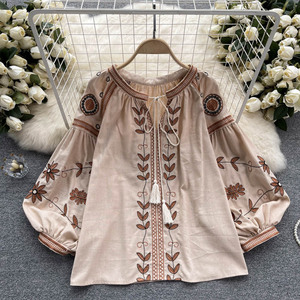 Kaus Musim Panas Wanita Blus Bordir Gaya Boho Retro Atasan Jubah Kemeja Kimono Lengan Kelelawar Hem Renda Longgar Blusa Feminina - Product Image 6