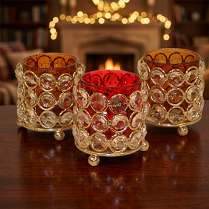 Cylindrical Glass <b>Candle</b> Jar With Crystal Accents <b>Red</b> And Amber Colors Glass For Home Decoration Christmas Use - Product Image 1