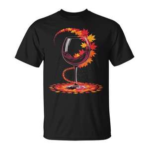 T-shirt unisexe pour adultes à col rond et manches courtes avec impression numérique promotionnelle sur le thème des feuilles d'automne et des verres à vin, pour les amateurs de saison d'automne - Product Image 1