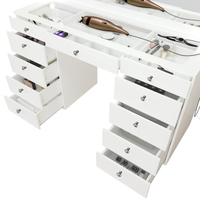 Table de maquillage avec 11 tiroirs, comptoir en verre, miroir éclairé par LED, prise électrique, tabouret rembourré pour femmes et filles