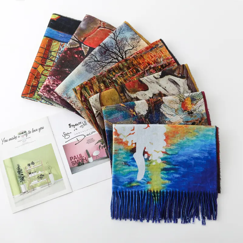 Винтажная масляная живопись цифровой печати Пашмина длинная теплая шаль шарф с кисточками для женщин