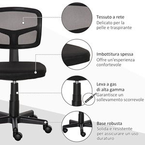 Chaise de bureau en maille ergonomique Vinsetto sans accoudoirs et réglable en hauteur, noir - Product Image 2