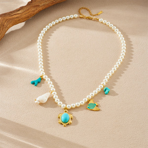 European American Style Ocean Theme Gold Plated Pearl Necklace With Turtle Fish Shell Charms Turquoise Pendant Everyday Wear - Product Image 3