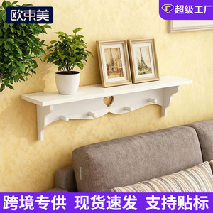 Wall Mounted Storage Rack Single Layer <b>With</b> <b>Hooks</b> For Bedroom Living Room Pastoral Style No Drill Design - Product Image 5