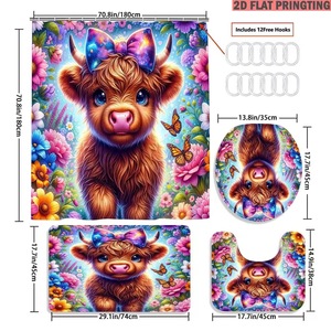 Cortina de Ducha de Poliéster con Diseño de Vaca Highland y Lazo Morado, Impresión Digital Personalizada, Impermeable, Venta al Por Mayor, Moderna - Product Image 4