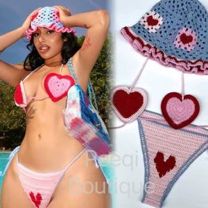 Peeqi Knitted Crochet Bikinis and Throng and Hat 2 Pieces Set <strong>Cute</strong> love Pattern Beachwear Swimwear <strong>Bathing</strong> <strong>Suits</strong> for Women