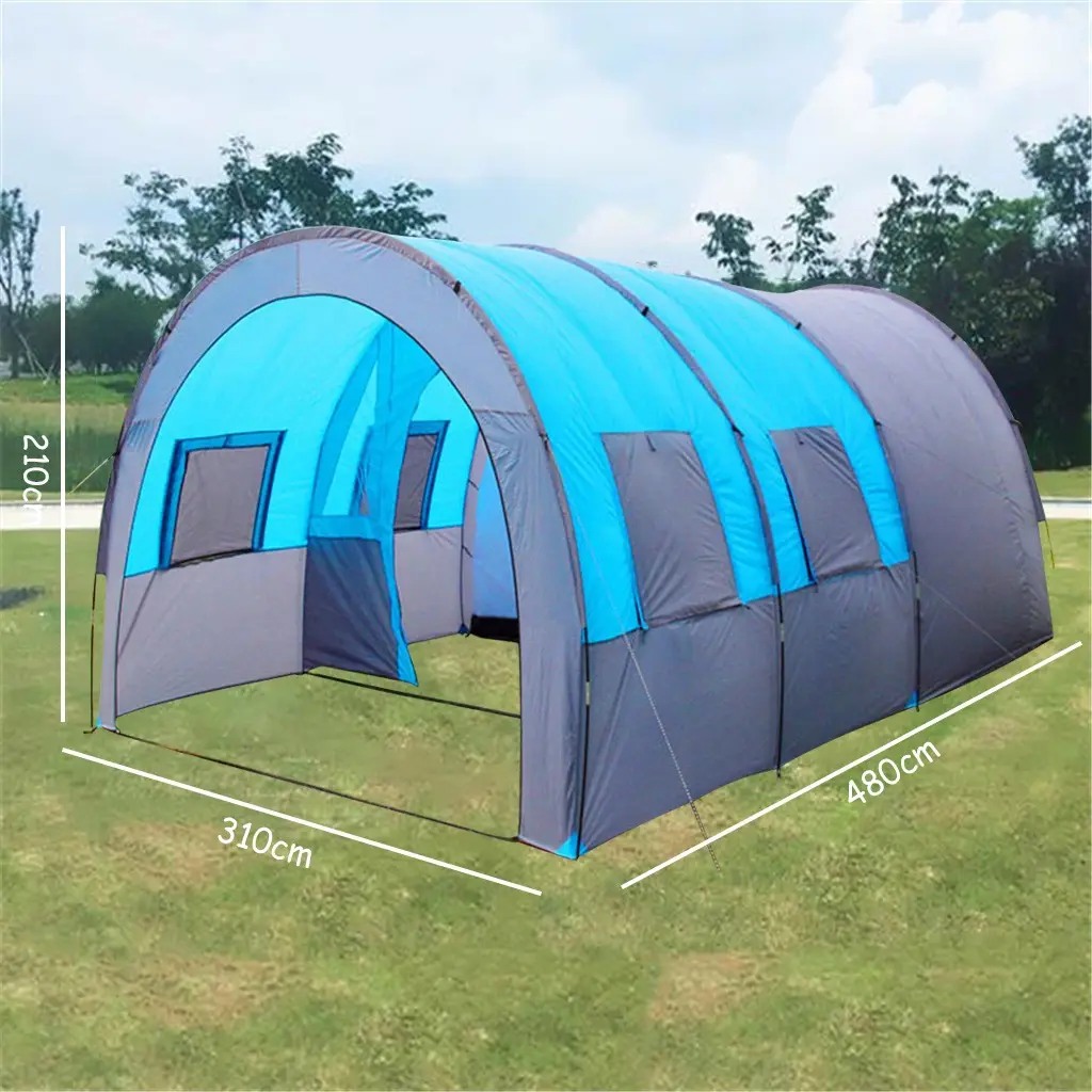 Double Waterproof Tunnel Tent Camping Travel Hiking Large Tent One Room Two Hall Multi-Person Tent