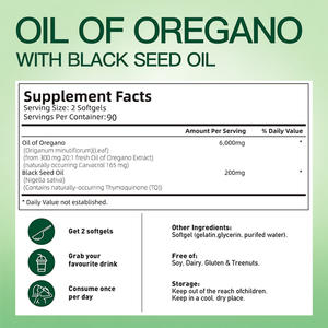 OEM 6000mg Minyak Oregano Soft Capsule Minyak Oregano Softgels dengan Minyak Habbatussauda Ultra Tinggi Karvakrol & Timokinon untuk Kecantikan - Product Image 2