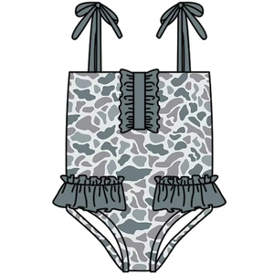 S0752 Traje de Baño Personalizado para Niña Pequeña, Diseño de Camuflaje Gris, Venta al por Mayor, Conjunto de 2 Piezas sin Mangas - Product Image 1