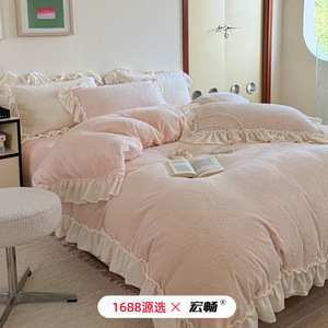 Lace Trimmed Milk Fleece Four Piece <b>Set</b> Autumn Winter Thickened Princess Style Warm Embossed <b>Bedding</b> <b>Set</b> - Product Image 4