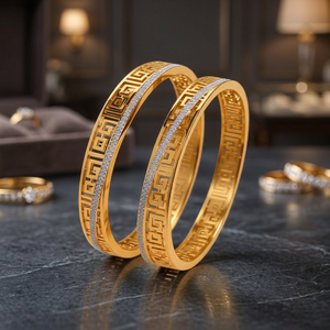 Gold Plated Brass Greek Key Geometric Laser Cut Bangle <b>Bracelet</b> Set CZ <b>Crystal</b> Stone Indian Traditional Bridal Jewelry - Product Image 1